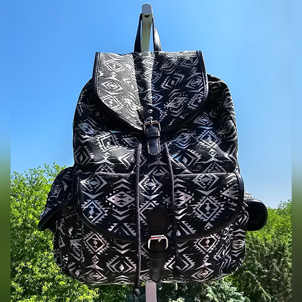 AZTEC DESIGN Drawstring Backpack w/Vegan Leather Trim